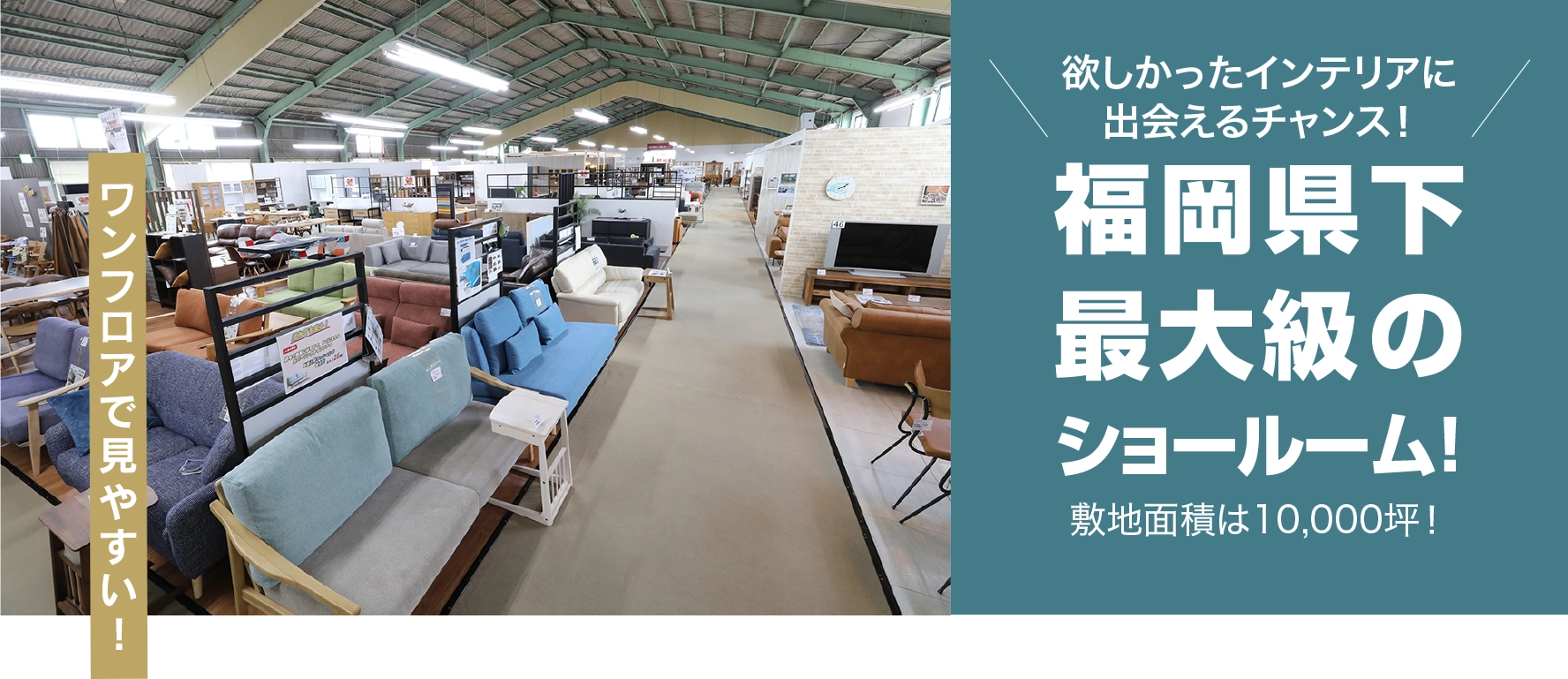 ワンフロアで見やすい！　欲しかったインテリアを手に入れるチャンス！　福岡県下最大級のショールーム！　敷地面積は10,000坪！