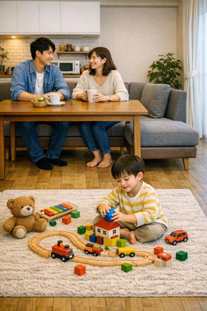 ソファダイニングで若い夫婦と遊ぶ子供