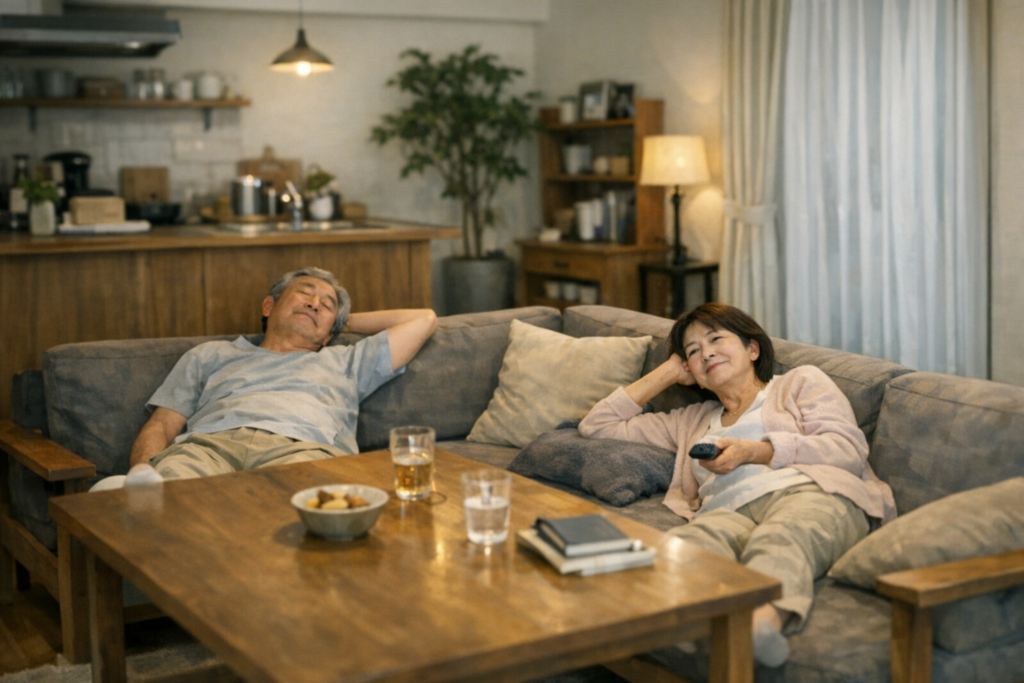 年配夫婦のソファダイニング