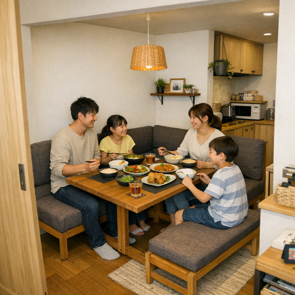 狭いダイニングで若い家族４人がソファダイ